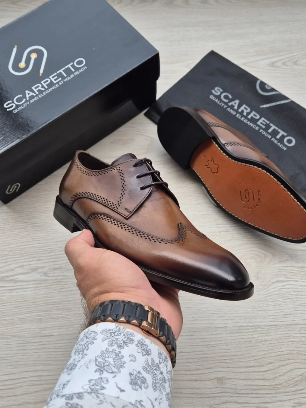 Rinaldo Whiskey Brown Leather Wingtip Brogue Derby Shoes – Hand-Burnished Patina